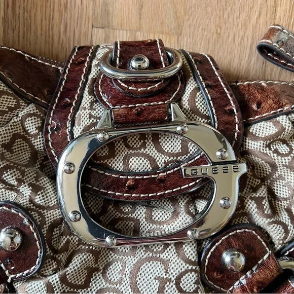 Guess Brown & Tan Shoulder Bag Y2K Linen Handbag - Picture 8 of 15